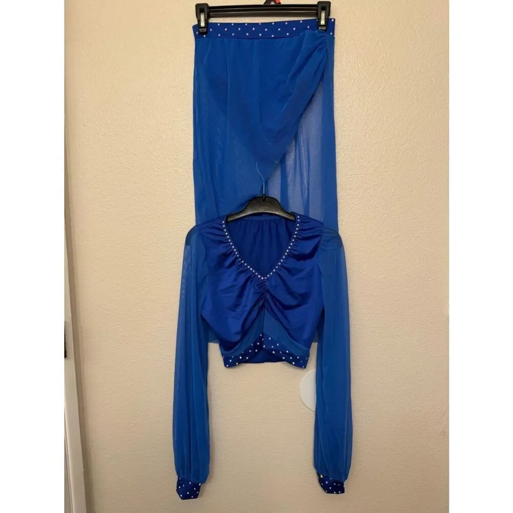Kelle dance costume blue 2 piece Ocean Eyes 4302 skirt top MA-Medium adult